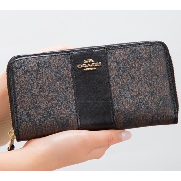 Coach Long Zip Around Wallet In Signature Canvas Brown Black Gold Tone Hardware - Picture 6 of 16
